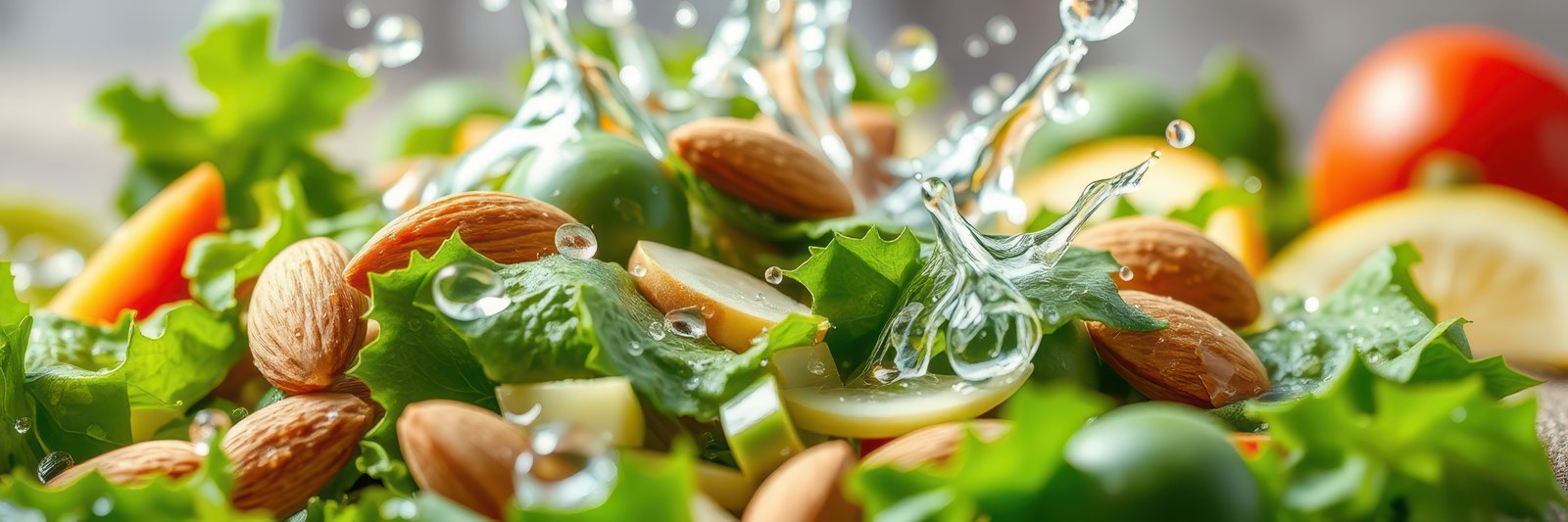 Fresh salad with vegetables and nuts being splashed with water in a vibrant kitchen setting